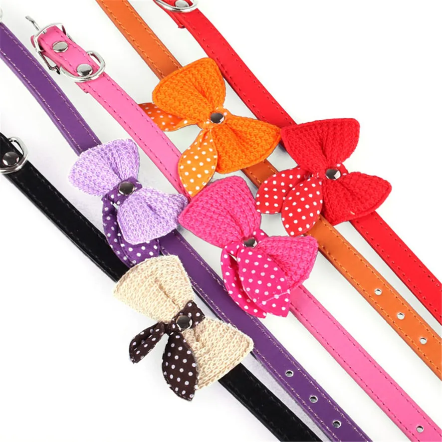 

Zero 2017 New Knit Bowknot Adjustable PU Leather Dog Puppy Pet Collars Necklace Purchasing B7717