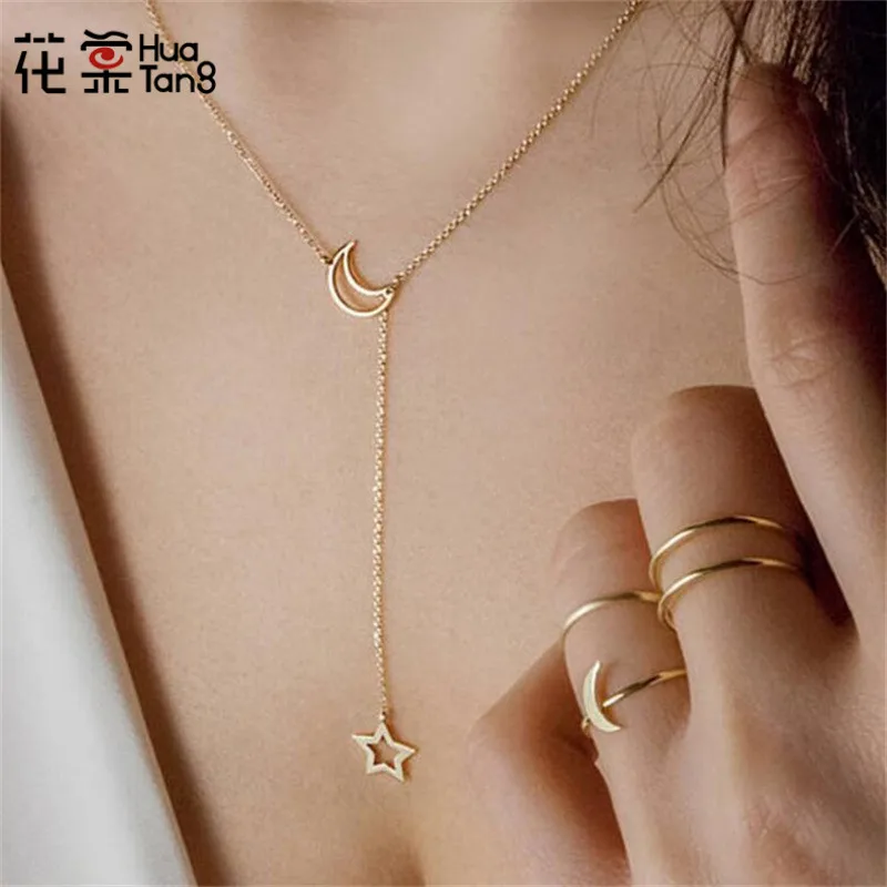 

HuaTang Boho Jewelry Gold Silver Chain Star Moon Pendant Necklace Charms Long Necklace Womens Fashion Jewelry Statement 5635