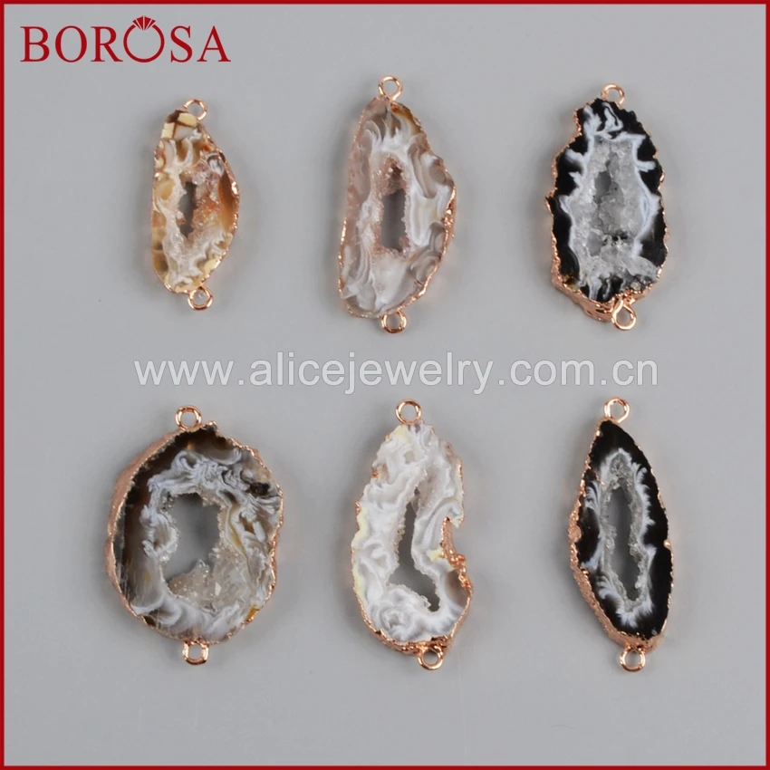 

BOROSA Silver Color Or Rose Gold Color Freeform Natural Onyx Stone Slice Connector Double Bails Druzy DIY Bracelet S0952/R0952