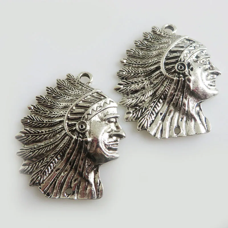 5pcs Antique Silver Tone Large Indian Head Charms Pendant For Necklace