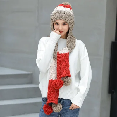 Новинка года; зимняя шапка для девочек; милый теплый комплект; вязаная шапка; шарф с помпоном; бини; шаль; плотный переплетенный бархатный головной убор - Цвет: khaki
