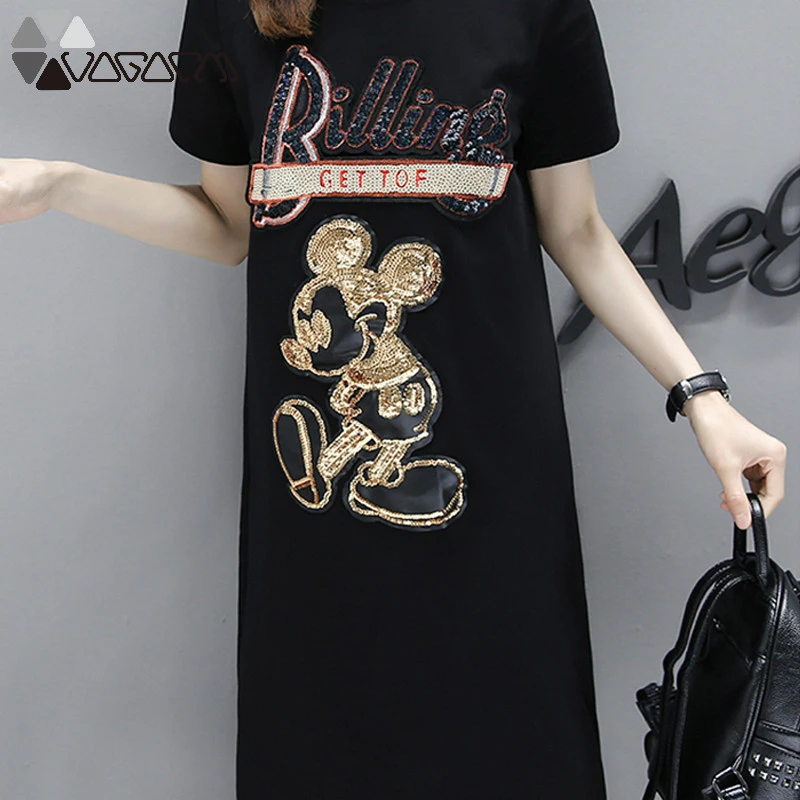 

Women Summer Dress Minnie Mouse Print Fashion Loose Short Sleeve Plus Size Female High Quality Midi Dresses