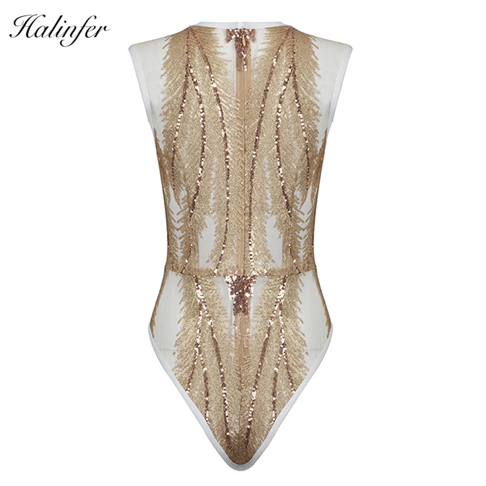 Halinfer 2018 новые летние женщины боди Сексуальная bodycon Круглая горловина с сеткой и блестками бинты боди клуба вечерние абрикос боди vestidos