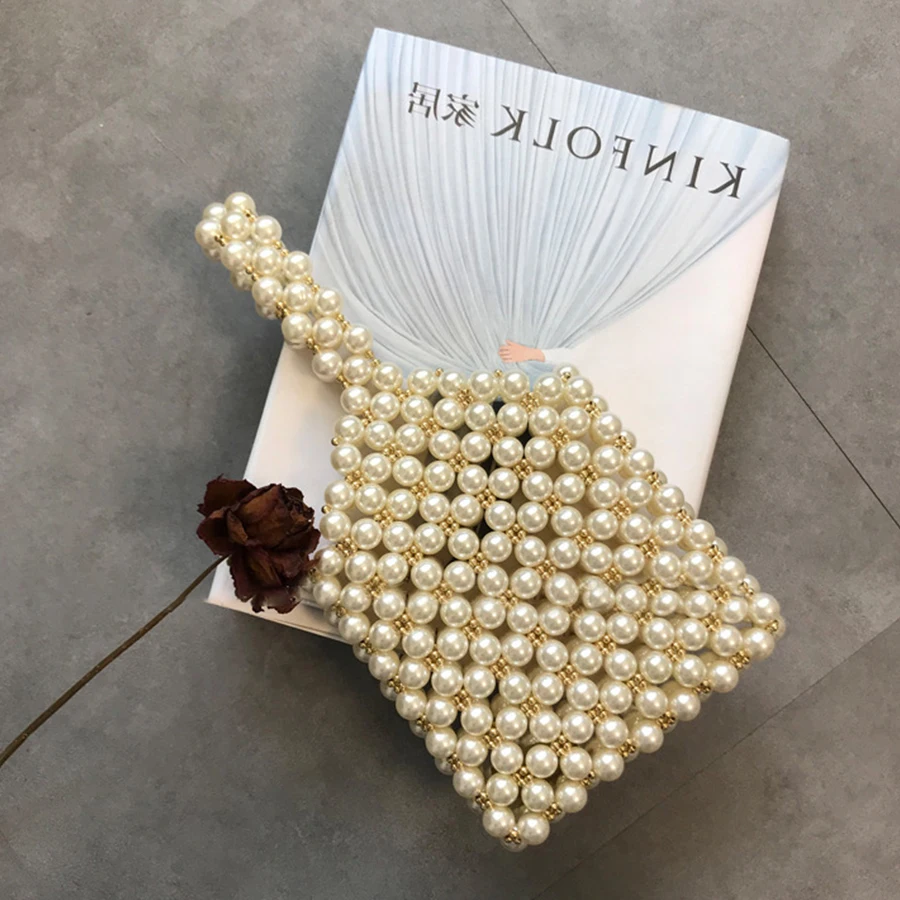 

2018 brand pearl bag handmade beaded female handbag luxury seaside holiday handbag design high quality evening bag square bags