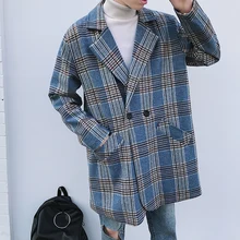 Корейская осень, мужская мода, клетчатый узор, Шерстяная Смесь, пальто с отворотом, свободное повседневное серое/синее пальто средней длины, M-2XL