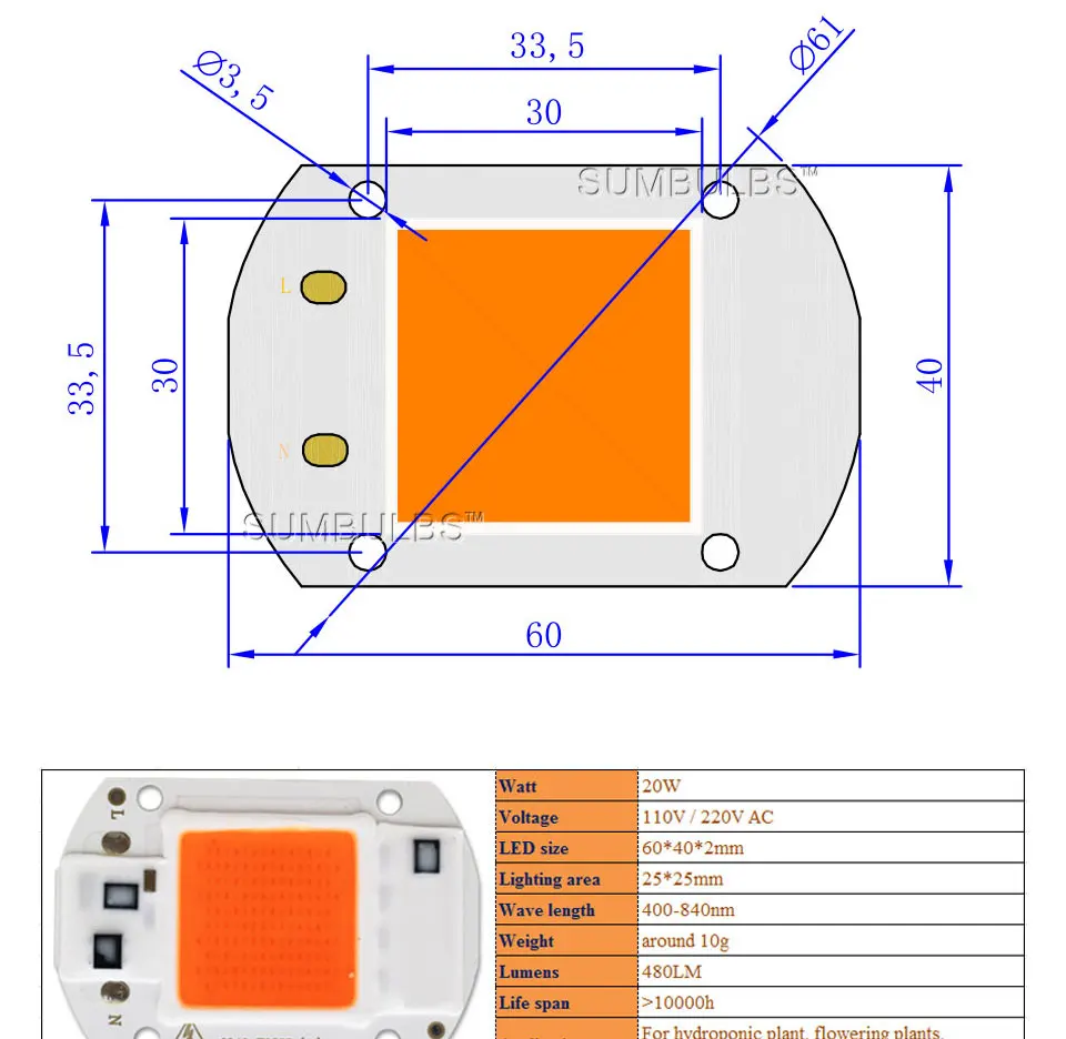 Sumbulbs светодиодный светильник для выращивания, чип, полный спектр входного сигнала 110 В 220 В переменного тока 20 Вт 30 Вт 50 Вт для внутренней гидропонной установки, светильник для рассады s COB