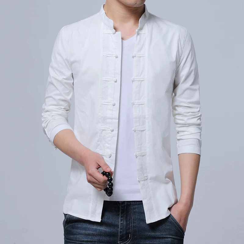 Китайский стиль, Ретро стиль, чистый цвет, мужские рубашки с длинным рукавом, s, m, XL, 3XL, белый, черный, зеленый цвет, тонкая Осенняя мода, мужская повседневная рубашка