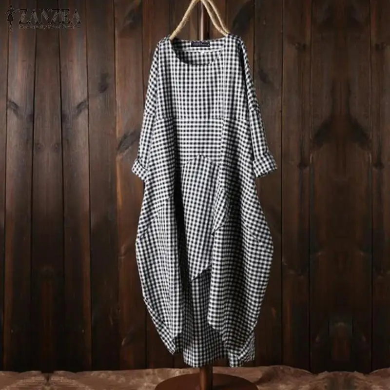 

ZANZEA Women Vintage Plaid Checked Dress Asymmetrical Hem Cotton Linen Sundress Female Autumn Long Sleeve Long Vestido Kaftan5XL