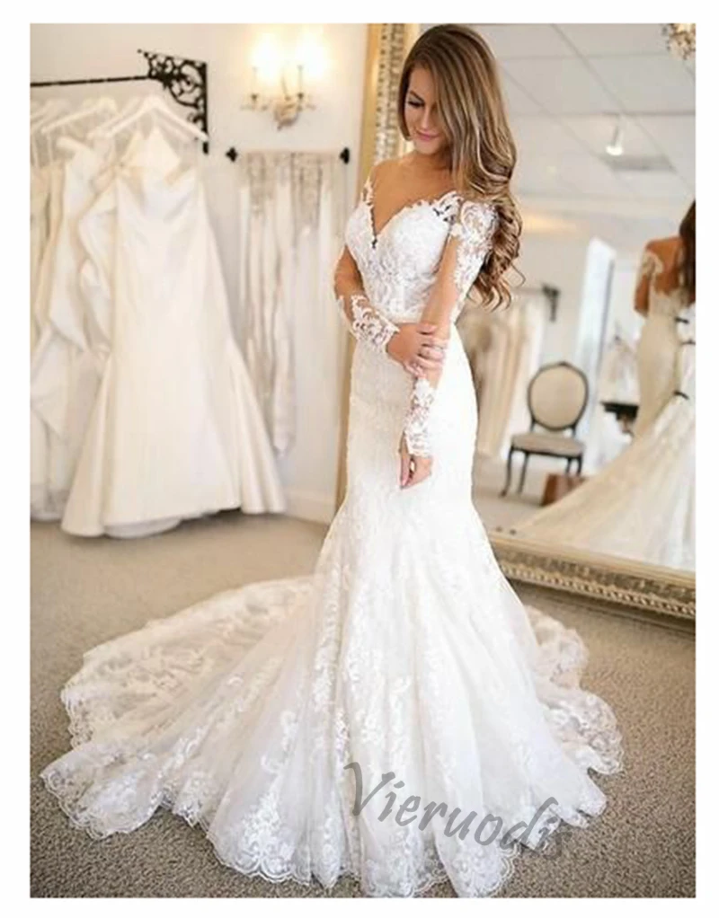 50-1            2019 mermaid Wedding Dresses Long Sleeves Lace Bride Wedding Gowns Elegant Train White Wedding Gowns Custom Made
