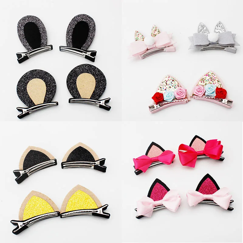 

Fashion 2PCS Hair Clip Rabbit Cat Golden Flower Ear Girls Cute Cat Bowknot Bear Hairpin Children Popular Hair Accessorie