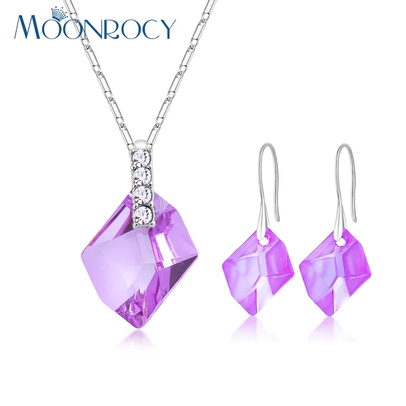 

MOONROCY Silver Color Fashion Blue Purple Pink Crystal Necklace and Earrings Jewelry Set Wholesale Women's Gift Drop Shipping