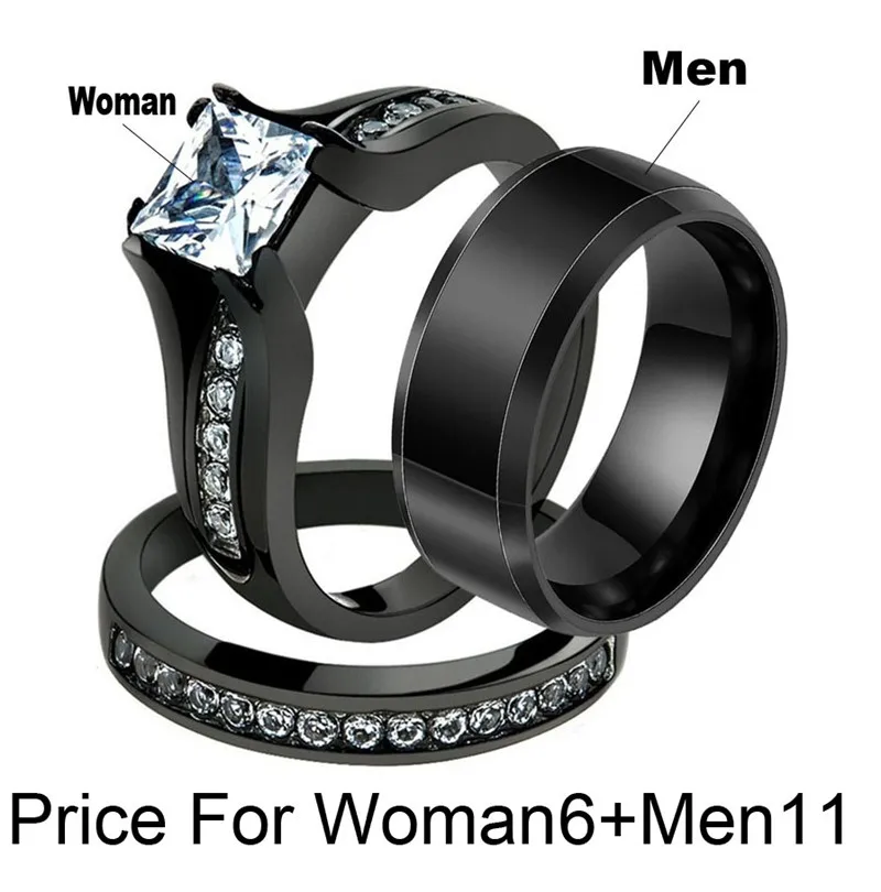 Обручальное кольцо из нержавеющей стали с кубическим цирконием для женщин и мужчин, набор колец из черного золота с кристаллами - Цвет основного камня: Woman6Men11