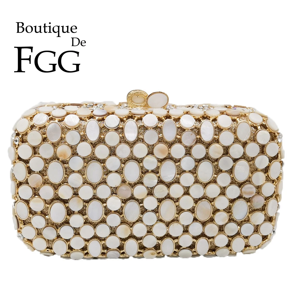 Boutique De FGG Natural Shell Women Evening Bags Minaudiere Handbags Wedding Formal Dinner Mother of Pearl Crystal Clutch Purse