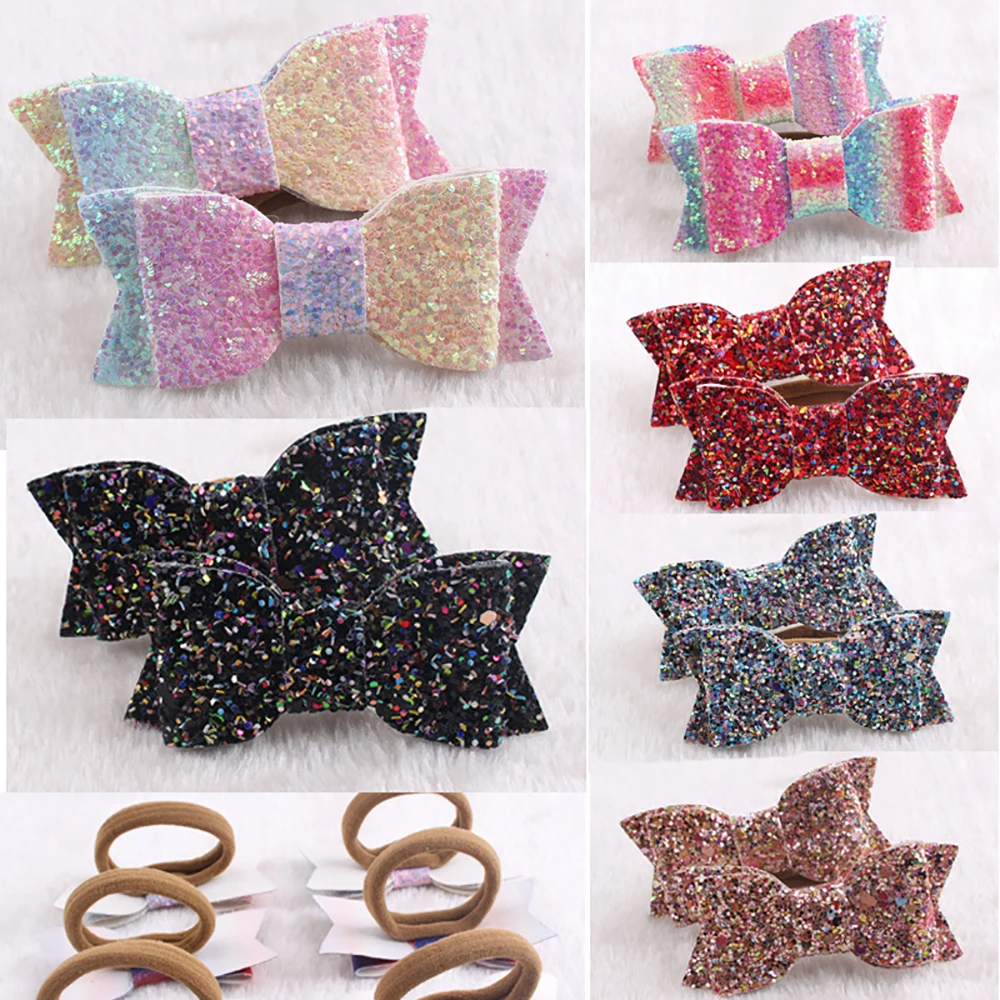 36pcs/set 3inch Glitter Girls Hair Bows Elastic Hair Bands Nylon Hair