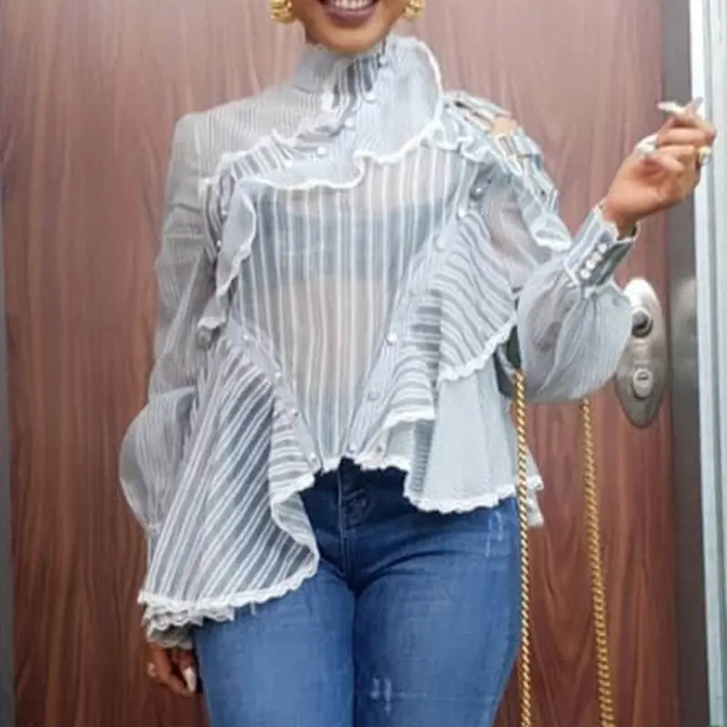 

Summer Elegant Sexy Office Ladies Club Women Blouses Casual Plus Size Slim White Lantern Sleeve Falbala Mesh Female Tops Shirts