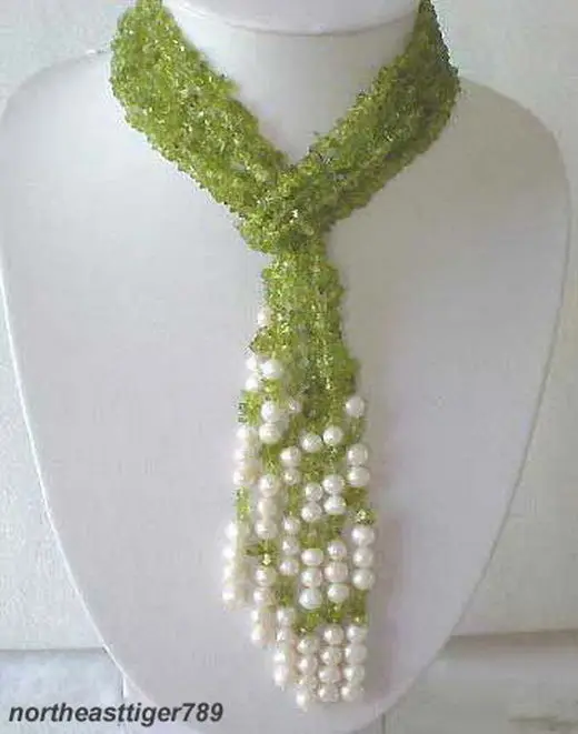 

Hot sale Free Shipping>>6 rows green crystal white pearl scarf necklace