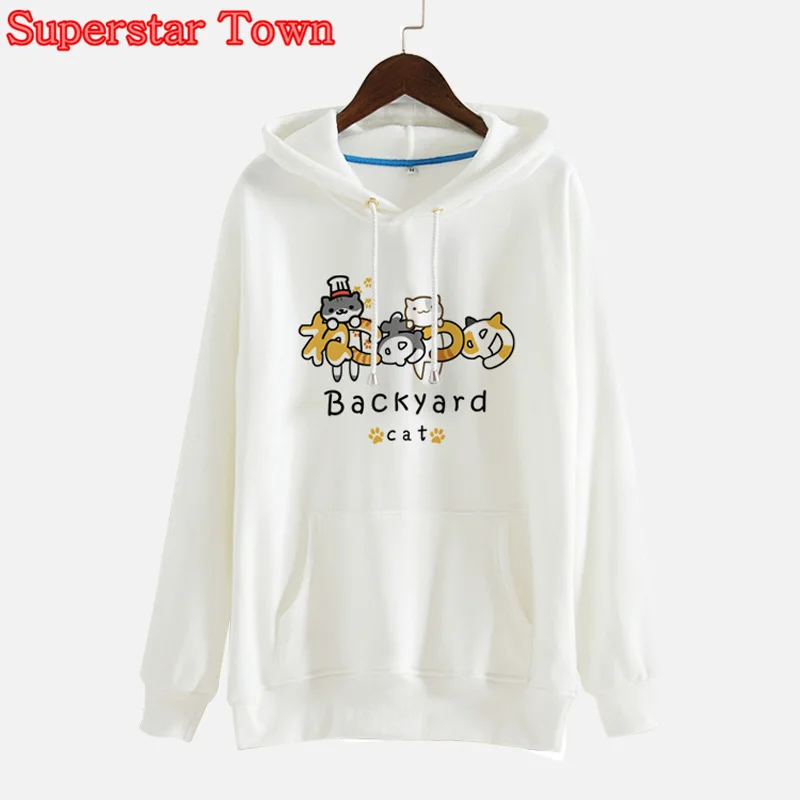 Neko Atsume Hoody Hoodies Japanese Cat Print Kawaii Hooded Sweatshirts Fleece Lolita Coat