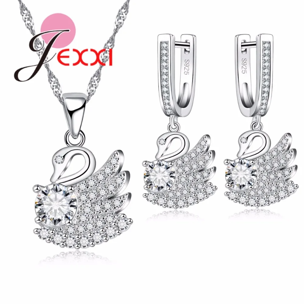Popolare Set Di Gioielli Da Sposa In Argento Sterling 925 Orecchini Pendenti In Cristallo Con Cigno E Collana Con Ciondolo Set Di Gioielli Regalo Dell