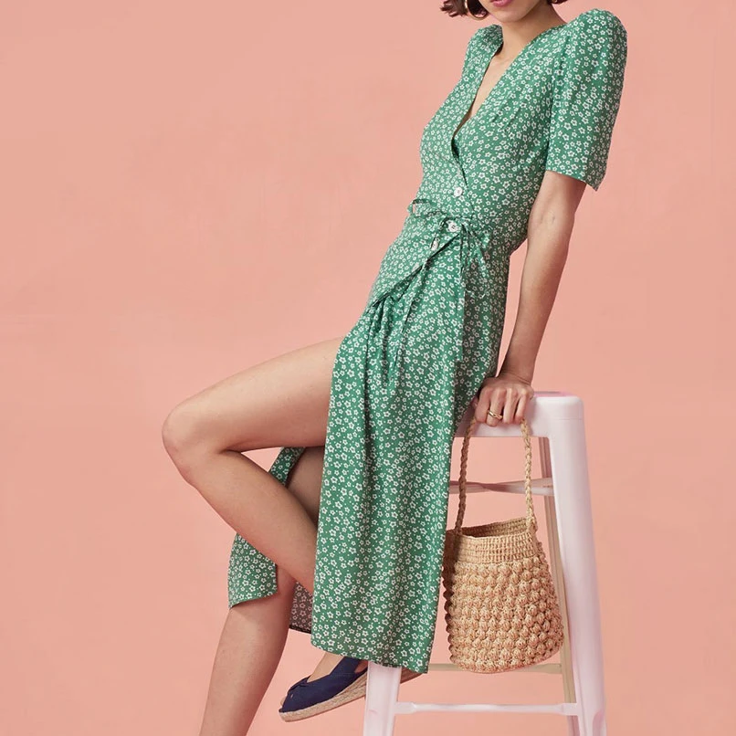 

2019 Summer Women V-Neck Puff Sleeve Pin Up Dress Ladies Beach Wear Midi Wrap Dresses Strand Jurkjes