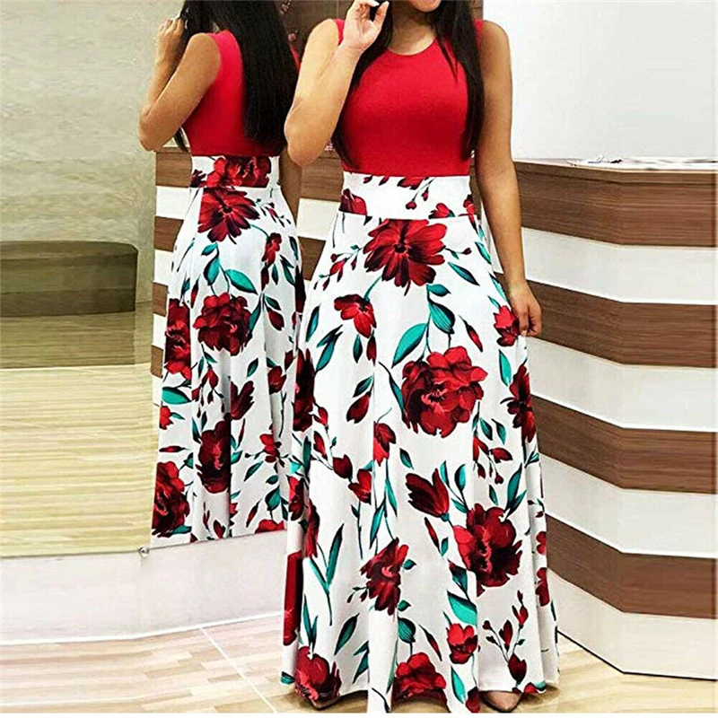 

Plus Size Women Boho Floral Long Dress Sleeveless High Waist Female Summer Round Neck Dress Party Maxi Dress