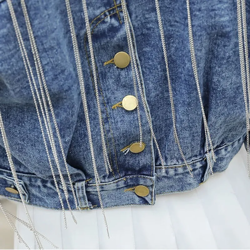 astounding  2019 Spring Autumn Floral Appliques Tassel Women Short Demin Jacket Korean Casual Chains Loose Femm