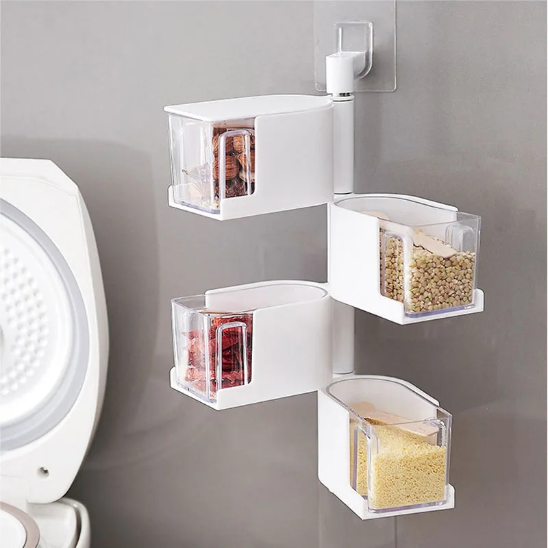 

BF040 High Quality Creative Pasted wall hanging rotary flavoring box Kitchen 4layers Pepper Salt Container Kitchen Spice Tools