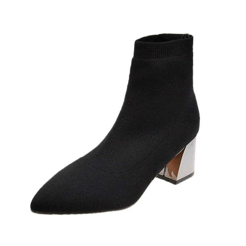TINO KINO/женские вязаные эластичные весенние короткие ботинки с носком; женские ботильоны с острым носком; женская модная обувь на среднем квадратном каблуке - Цвет: black