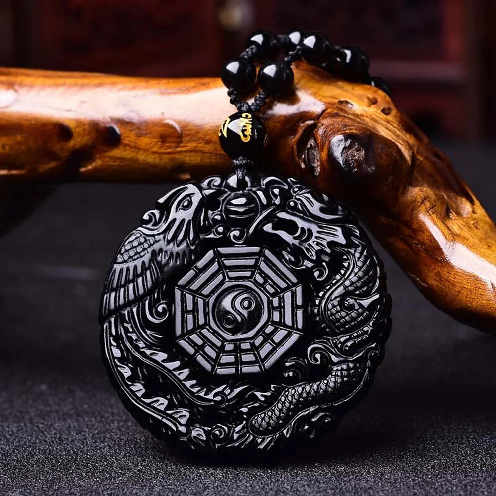 Прямая доставка натуральный черный обсидиан резная подвеска ручной работы дракон феникс Taiji bagua Цепочки и ожерелья для Для мужчин Для