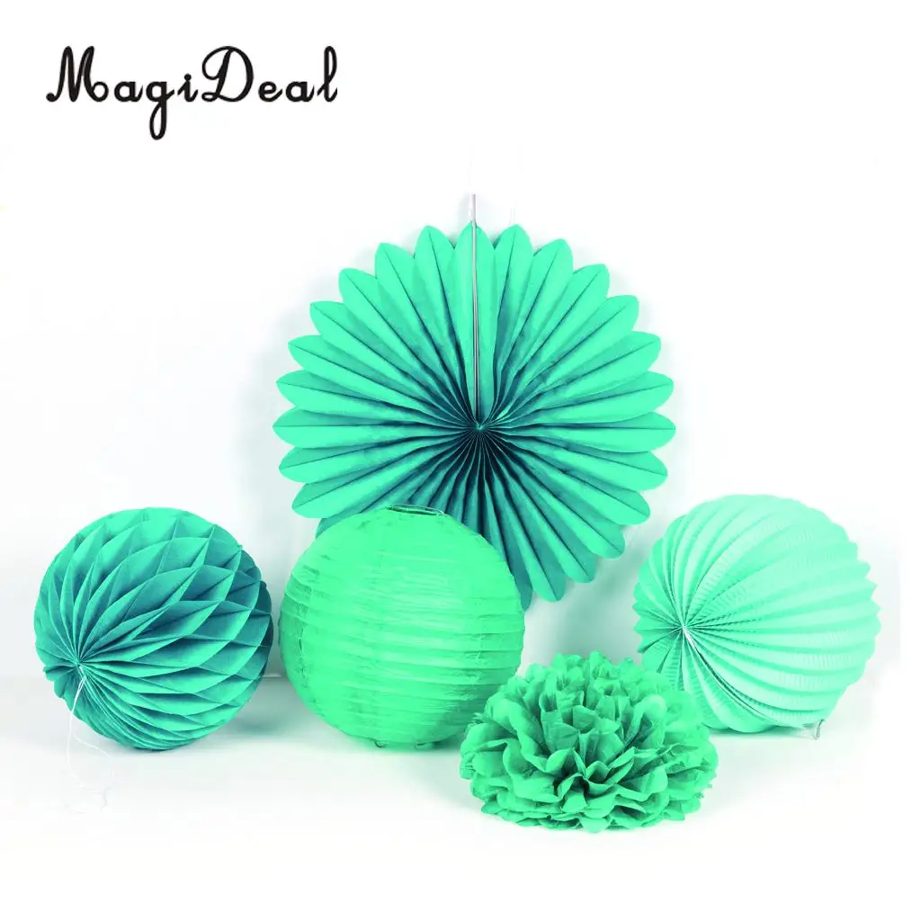 MagiDeal 5 Pieces Mixed Style Paper Pompoms Fan Honeycomb Ball Wedding Party Home Decor Blue and Green 