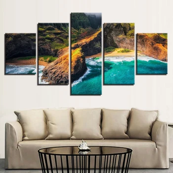 

Painting HD Printed Canvas Wall Art Poster Home Decoration 5 Panel Kauai Hawaii Landscape Living Room Modular Pictures Framed