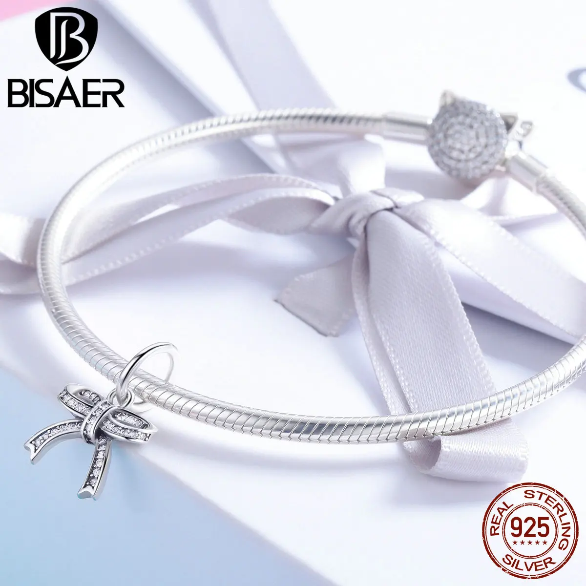Серебряные Подвески с бантиком BISAER сверкающие из чистого кубического циркония