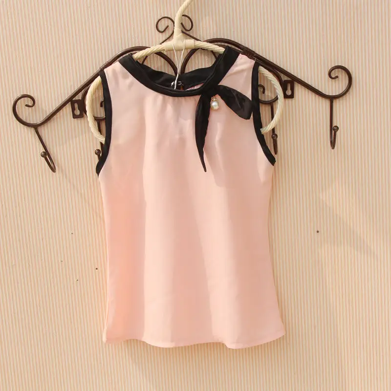 Блузка с короткими рукавами для малышей Новинка лета года, белая шифоновая блузка школьные рубашки с черным бантом для девочек-подростков, одежда для девочек возрастом от 10 до 12 лет - Цвет: 003 Pink