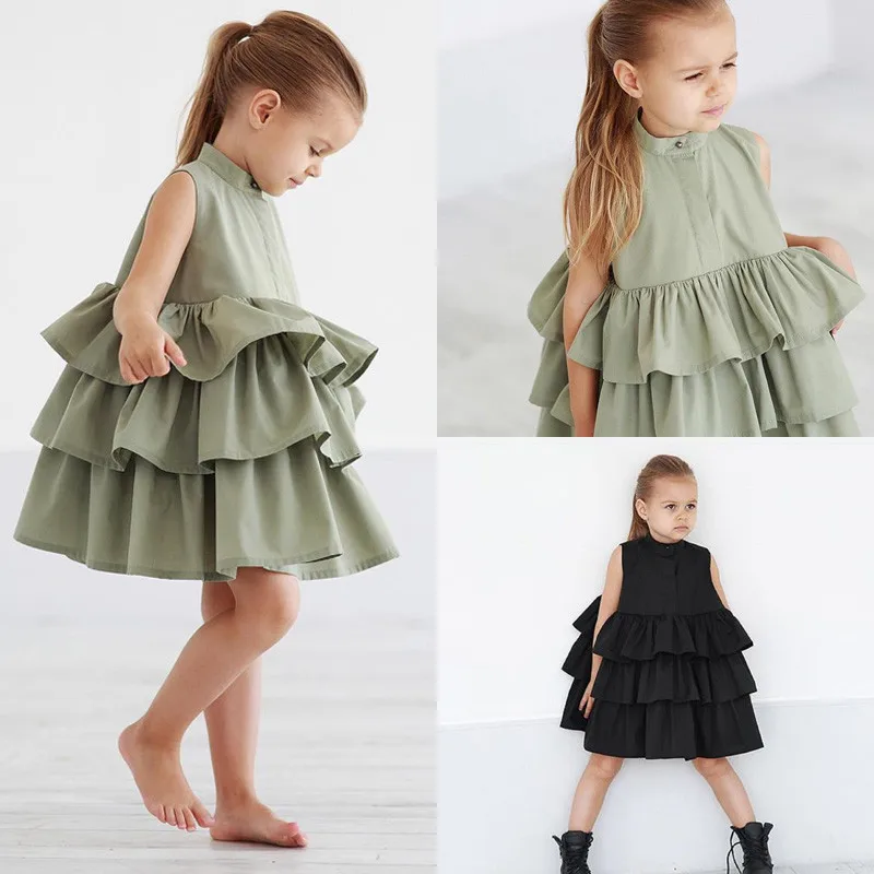 

Summer Cute Black Green Ball Gown Girls Dresses Kid Girl Party Dress Sleeveless O Neck Cake Ruffled Tutu Bubble Dress 1-4T