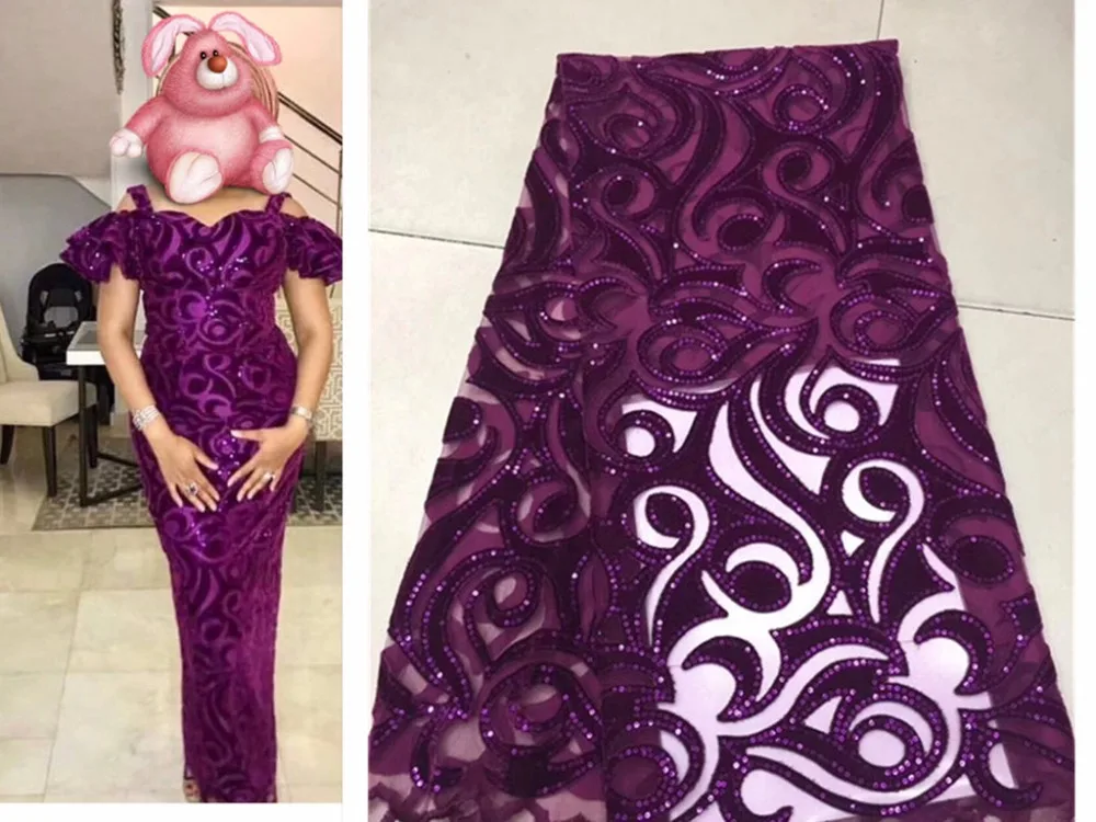 

African Lace Fabric With Sequins 2019 Latest Fabric High Quality Velvet Tulle Sequins Lace Fabric For Dress pink purple Green