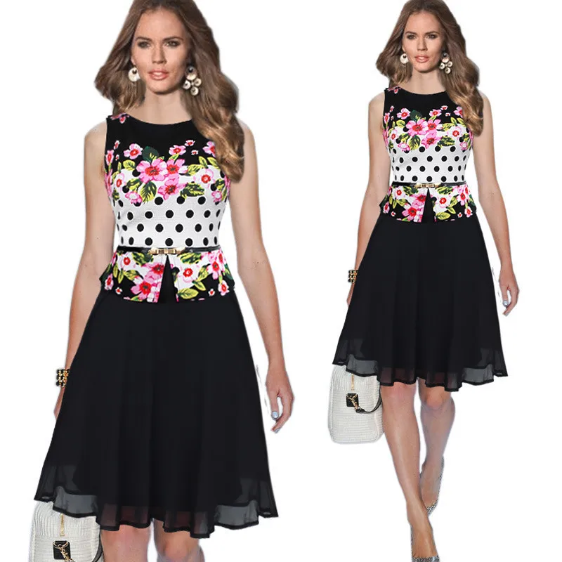 Women-Summer-Vestido-Floral-Chiffon-Patchwork-Sleeveless-with-Belted-Peplum-Cocktail-Party-Flare-Skater-Dress-