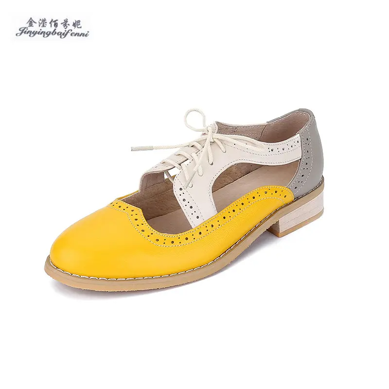 

British Retro Handmade Custom Mixed Colors Shoes Genuine leather Net Surface Bullock Carve Patterns Lace-up Female Oxford Shoes