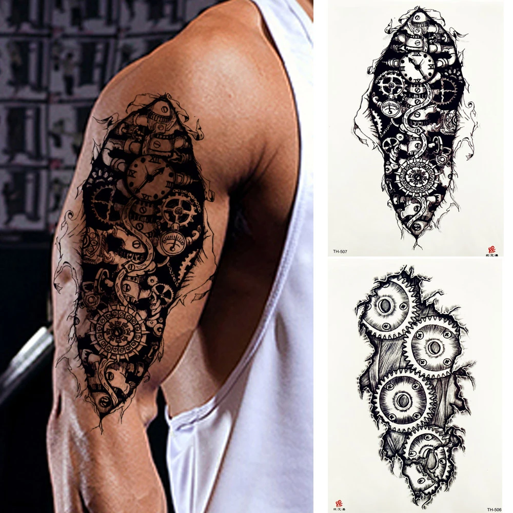 Fake Robotic Arm Mechanical Temporary Tattoo Sticker Body Art Men S Fashion Waterproof Tattoos Black Gear Gap Tatoo Sleeve Temporary Tattoos Aliexpress