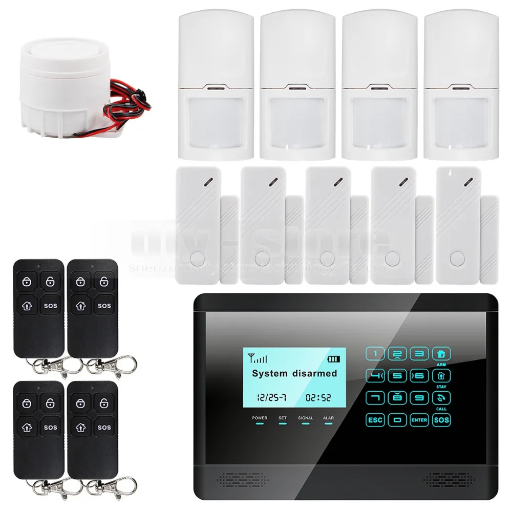 DIYSECUR Wireless and wired GSM home burglar alarm system + 5 door inturder sensor + 4 motion sensor + 4 remote control