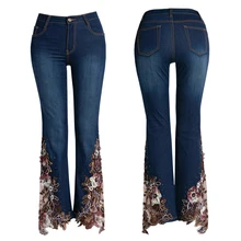 Брендовые расклешенные брюки, обтягивающие джинсы с высокой талией для женщин, уличная одежда с вышитыми бисером цветами, синие женские брюки сладкого размера плюс 38