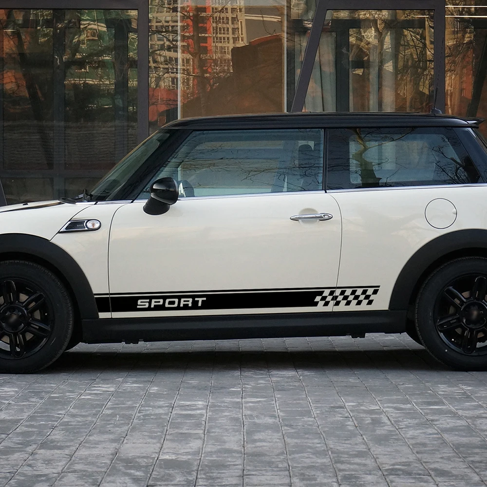 Наклейка на дверь с боковыми полосками спортивный шахматный флаг для MINI Cooper One S