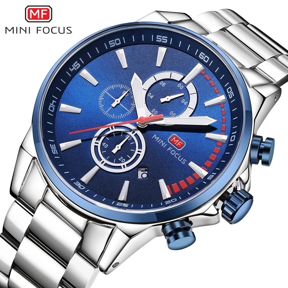 

MINIFOCUS Chronograph Stainless Steel Mens Quartz Watch Auto Calendar Waterproof Business Watch Men Horloges Mannen with Box