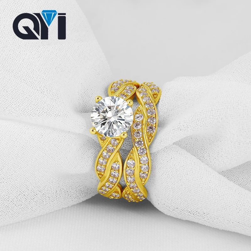 QYI Luxury Wedding Rings Sets 14K Solid Yellow Gold Round 1 Ct Moissanite Diamond Engagement Women Wedding Ring 7 sets bins with rings ring style hooks with cups cup holder accessories 7 colors