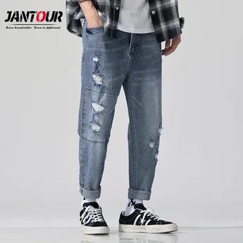 

jantou Men Baggy Ripped hole denim pants Male Distressed Harem Jeans Oversize 42 Hip Hop Cropped jean pants Do old Style Joggers