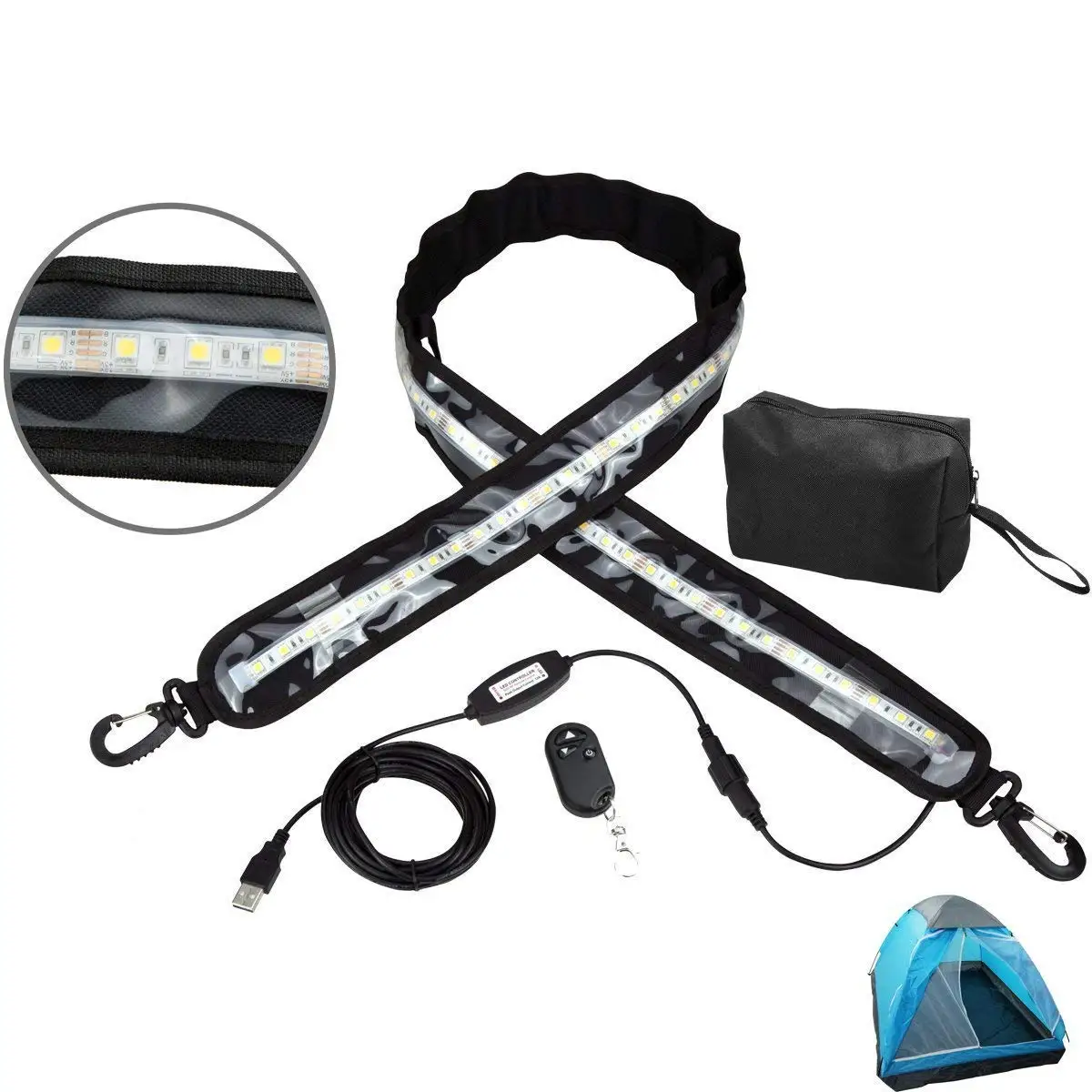 

DSHA Camping Light LED 5V Dimmable Flexible Strip with USB 46.7 inch IP67 Waterproof LED Strip Light for Tent Poles(Cool White