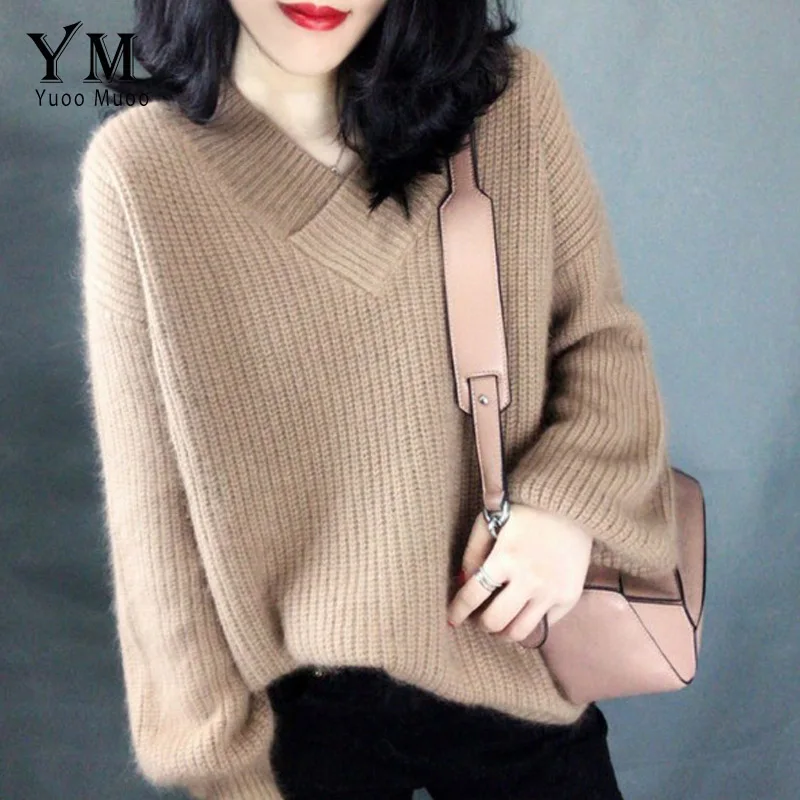 YuooMuoo толстый зимний свитер женский с v-образным вырезом высокого качества белый пуловер Фонарь Свободные топы с длинным рукавом женский кашемировый свитер - Цвет: Хаки