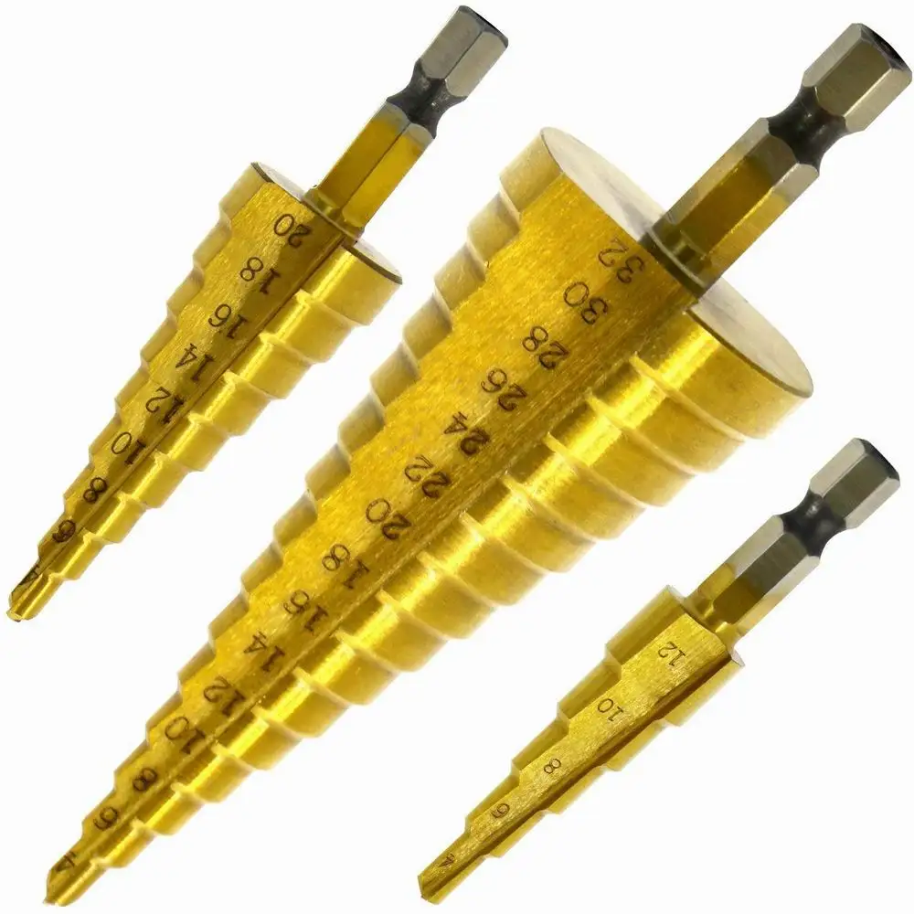 

3PCS Hss Step Cone Taper Drill Bit Set Hole Cutter Metric 4-12/20/32mm 1/4" Titanium Coated Metal Hex Bits керн сверла