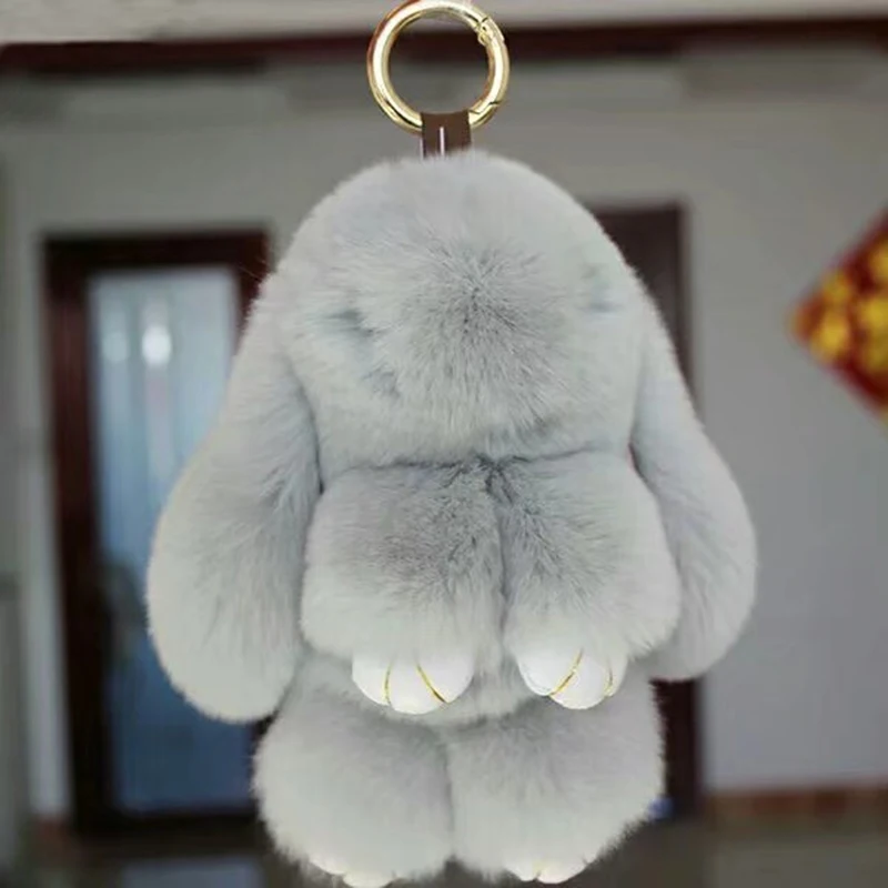 

2017 trinket 18CM fake pompom keychain bunny keychains on bag rabbit fur Keychain fur pom pom charms for bags anime