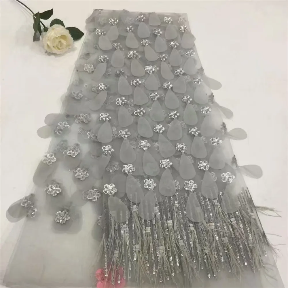 

Luxury African Wedding Dress Silver Grey 3d Dress Lace Feather Embroidery French Tulle Lace Sequin Lace Fabric For Women X677-7
