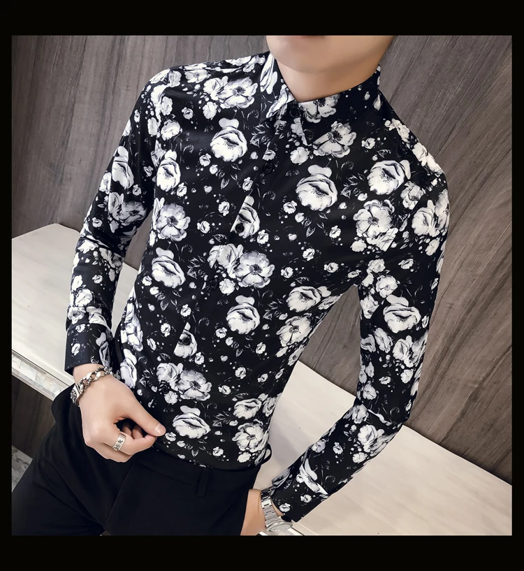 Горячая Распродажа мужские рубашки с длинным рукавом бренд Slim Fit Цветочные мужские рубашки в британском стиле принт ночной клуб Пром мужские рубашки в стиле кэжуал