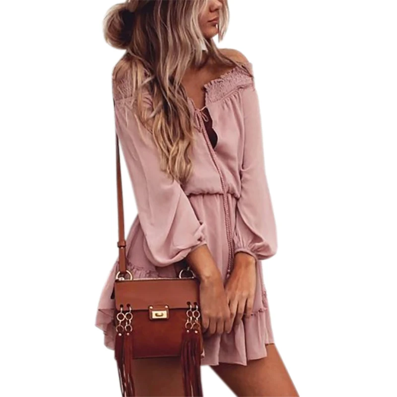 Boho Chiffon Dresses Slash Neck Beach Summer Beach Mini Dress Lantern Long Sleeve Ruffle Women Sexy Party Vintage Dress GV687